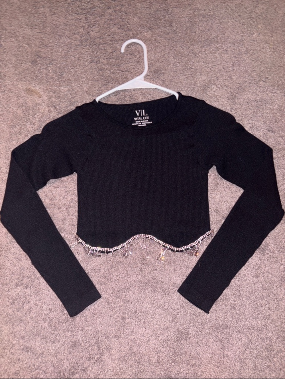 Black Long-Sleeve Cropped Top with Beaded Trim